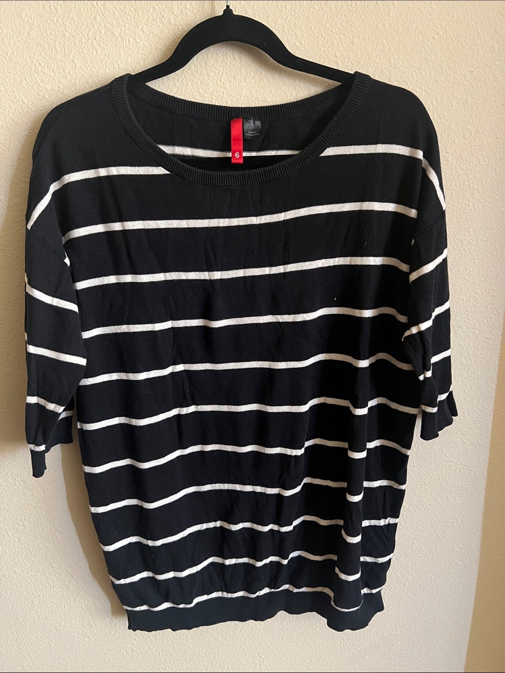 H&M Divided Black White Striped Longline Elbow Sleeve Top